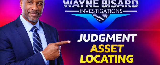 Professional investigator pointing to “Judgment Asset Locating in Michigan” title with Wayne Bisard Investigations logo for attorney-focused post-judgment asset recovery services.