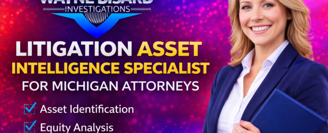 Litigation Asset Intelligence Specialist for Michigan attorneys with Wayne Bisard Investigations logo, highlighting asset identification, equity analysis, and enforcement strategy.