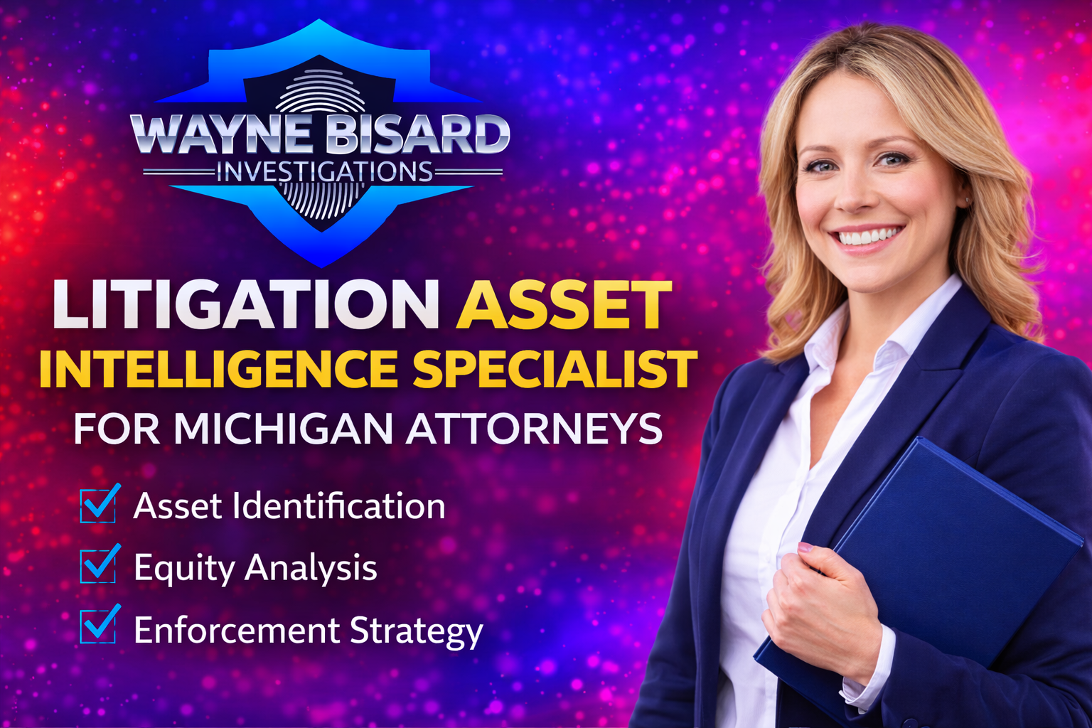 Litigation Asset Intelligence Specialist for Michigan attorneys with Wayne Bisard Investigations logo, highlighting asset identification, equity analysis, and enforcement strategy.